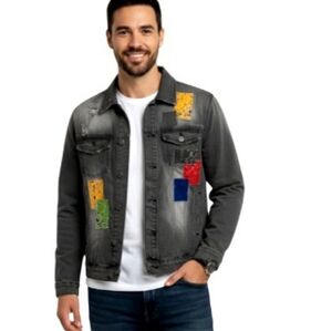 Rutherford Vintage Mens Jean Jacket Gray Denim Distressed Patchwork Accents